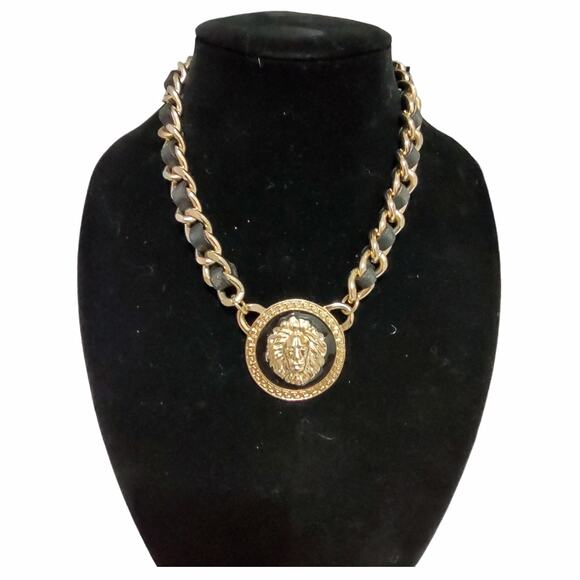 Gold Lions Face Medallion Necklace Black Leather Braided Chain Pendent Statement - Picture 2 of 8